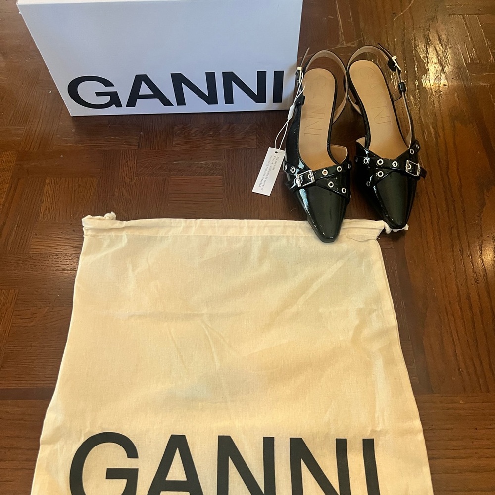 Ganni Black Slingback Flats with Silver Buckle